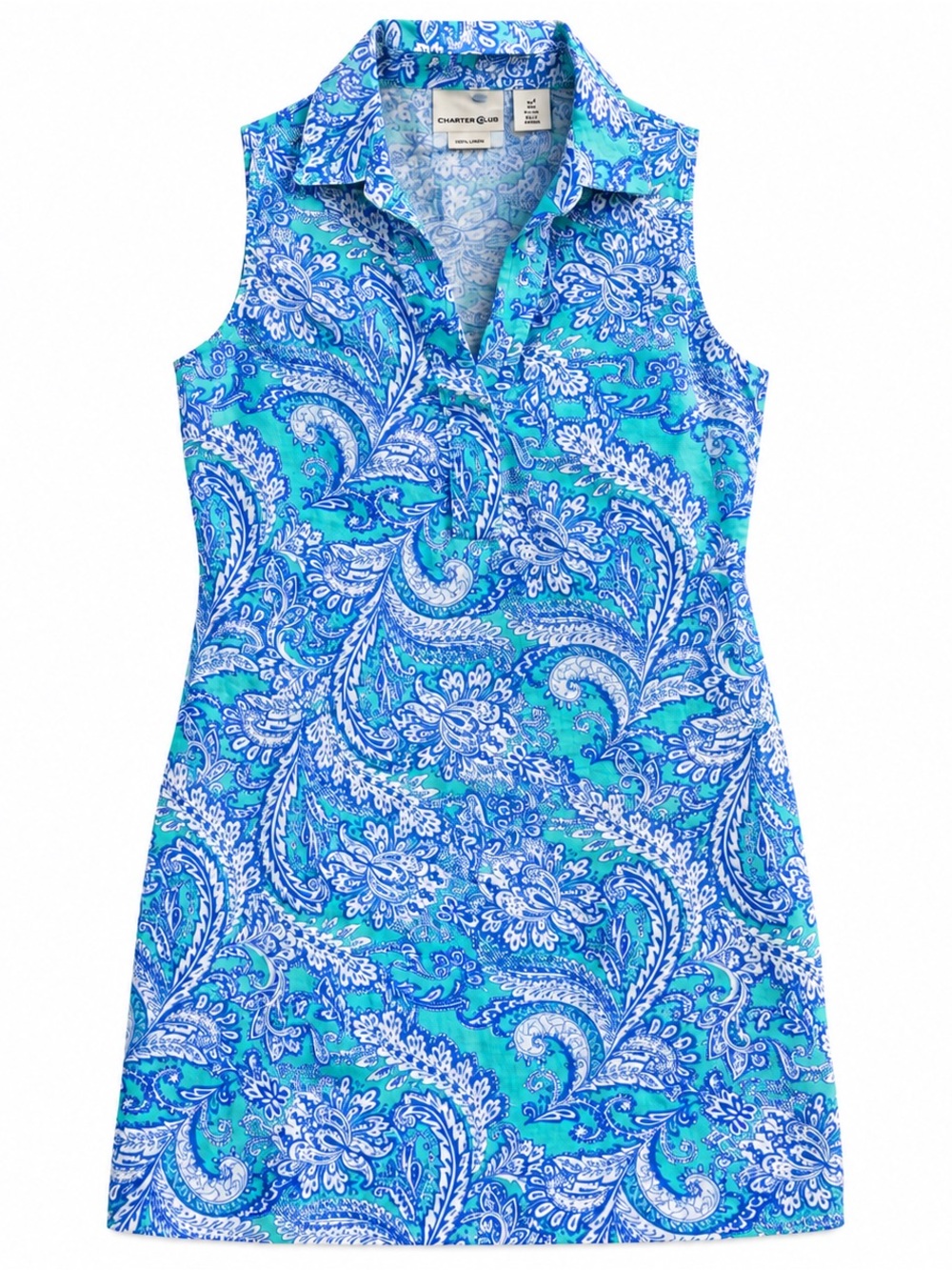 100% Linen Sleeveless Collared Paisley Shift Dress